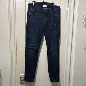 MOTHER Women's Skinny Jeans in Dark Wash with Paint Splatter
